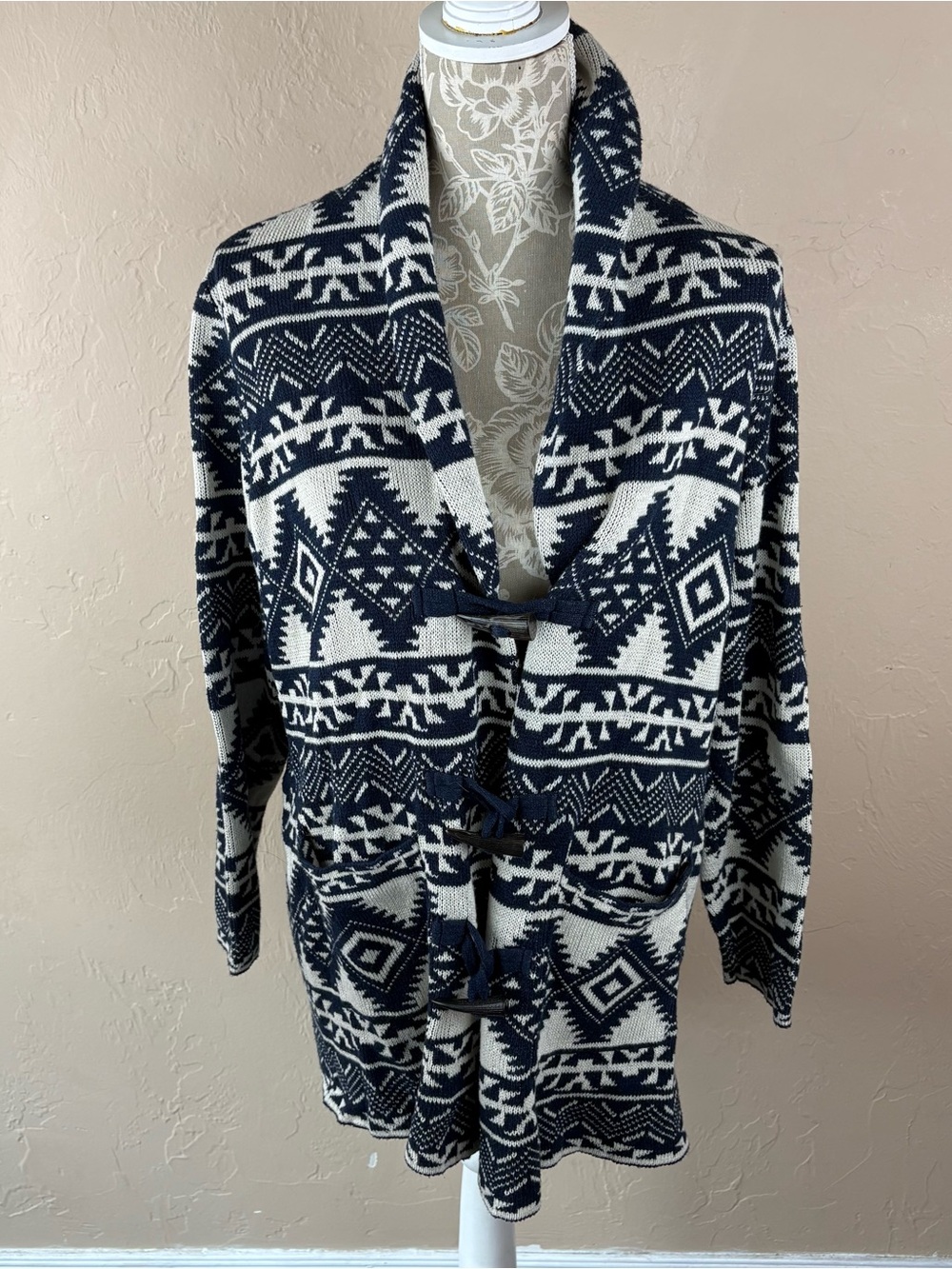 Chaps Ralph Lauren Navy White Printed Long Cardigan Toggle Button Womens Size XL